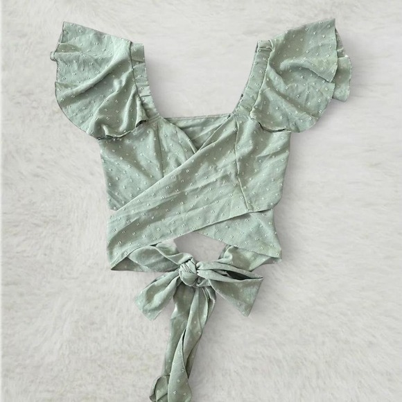 SHEIN Tops - sage green swiss dot wrap crop top size L